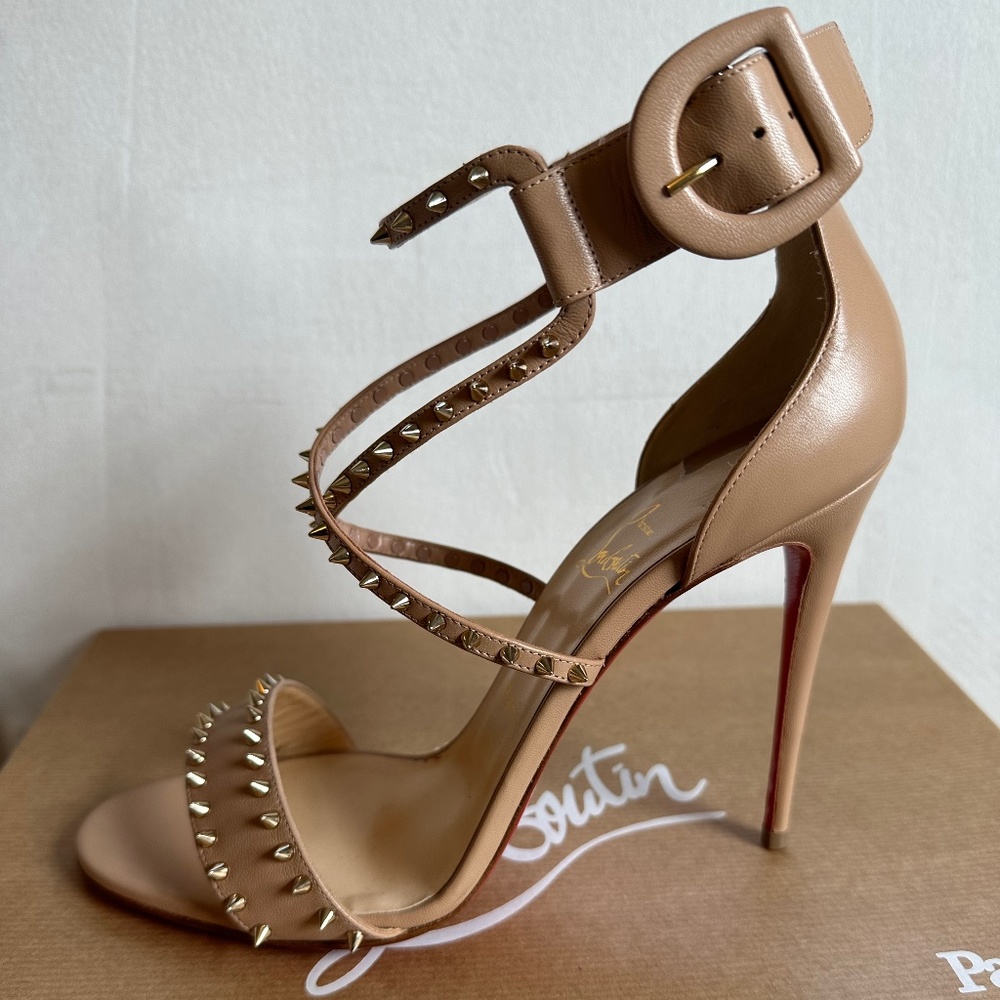 Christian Louboutin Choco Lux Nude 40 Spiked Strappy Sandals Heels